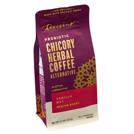 Front view of Teeccino Vanilla Nut Chicory Herbal Coffee package
