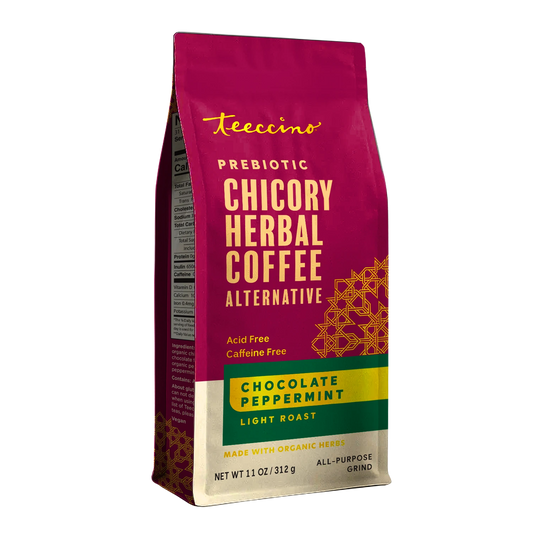 Teeccino Chocolate Peppermint Chicory Herbal Coffee 11 oz all-purpose grind bag, new packaging, angled view