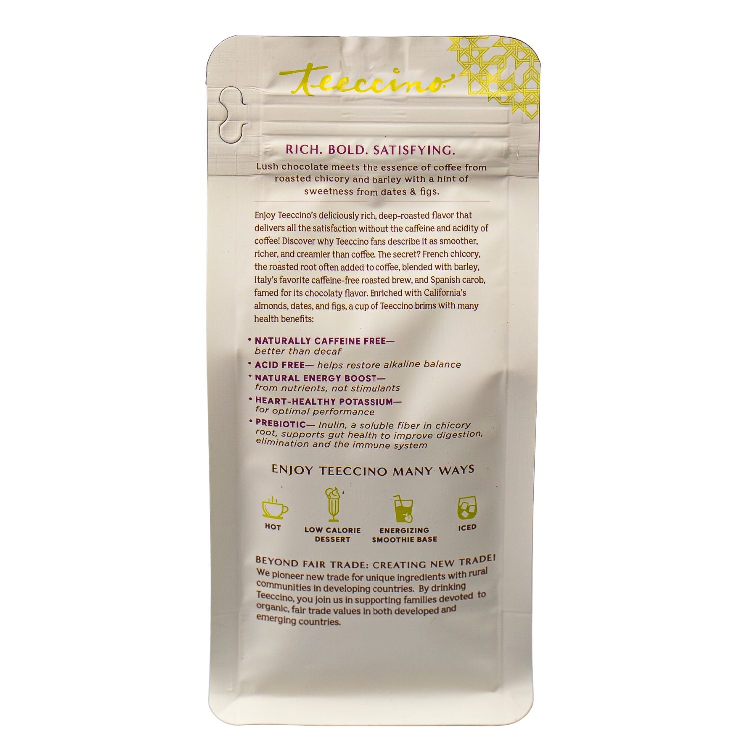 Back of Teeccino Mocha Chicory Herbal Coffee package showing ingredients and brewing instructions