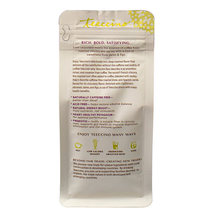 Back of Teeccino Mocha Chicory Herbal Coffee package showing ingredients and brewing instructions