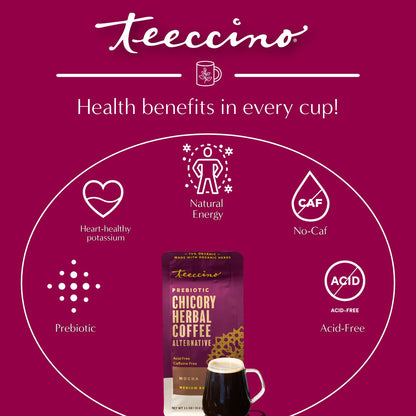 Health benefits of Teeccino Mocha Chicory Herbal Coffee including caffeine free, acid free, and prebiotic inulin