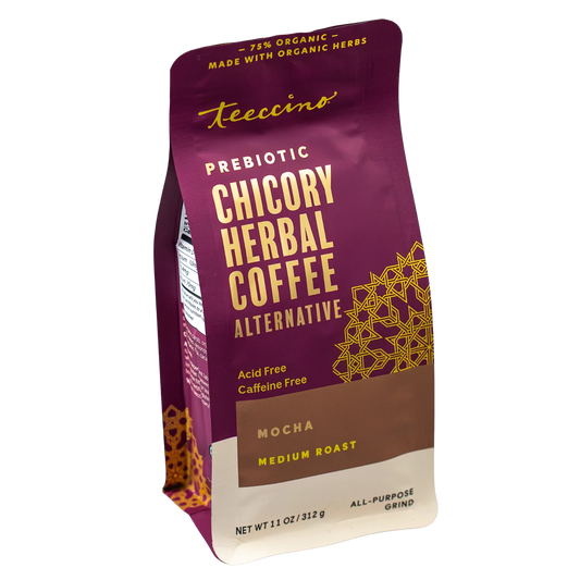 Front view of Teeccino Mocha Chicory Herbal Coffee package