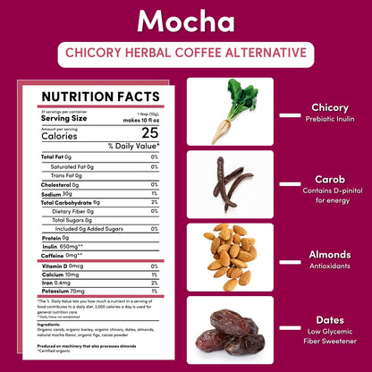 Nutrition facts panel for Teeccino Mocha Chicory Herbal Coffee
