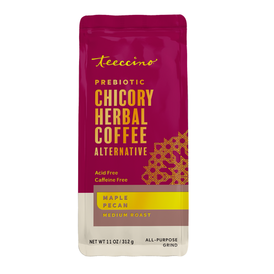 Front view of Teeccino Maple Pecan Chicory Herbal Coffee package