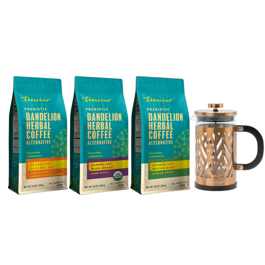 Teeccino Dandelion Herbal Coffee Starter Kit w/French Press - new packaging [83001A-Dandelion-FrenchPress-Kit-hero-20261022]