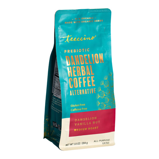 Front view of Teeccino Dandelion Vanilla Nut Herbal Coffee package