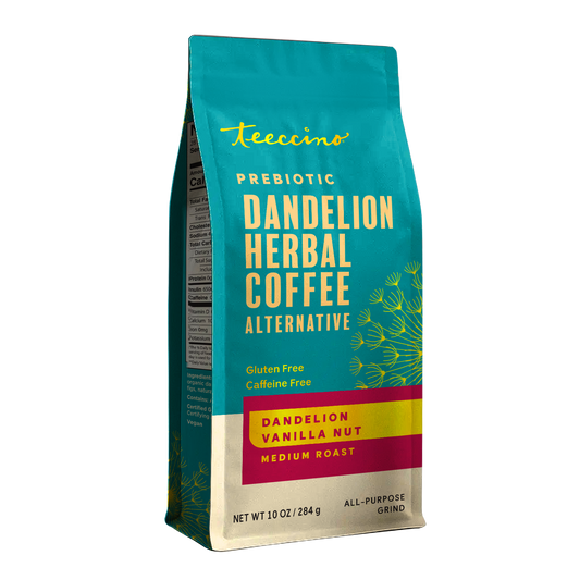Front view of Teeccino Dandelion Vanilla Nut Herbal Coffee package