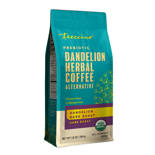 Front view of Teeccino Dandelion Dark Roast Herbal Coffee package