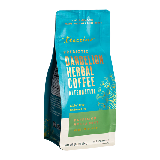 Front view of Teeccino Dandelion Mocha Mint Herbal Coffee package