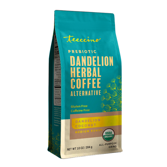 Front view of Teeccino Dandelion Coconut Herbal Coffee package