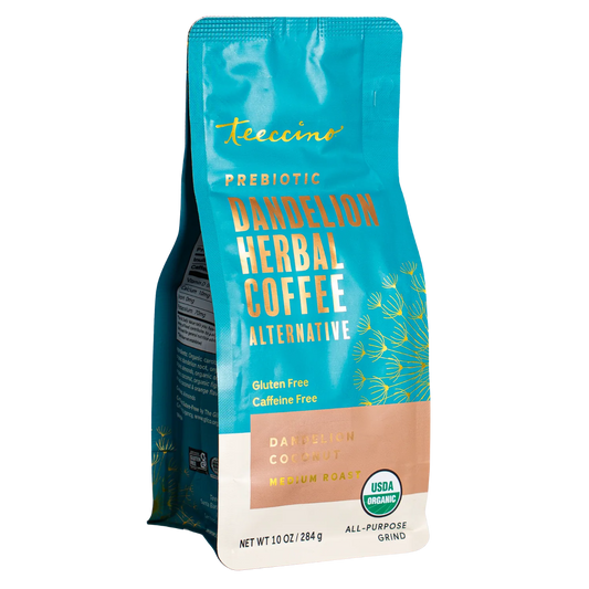 Front view of Teeccino Dandelion Coconut Herbal Coffee package