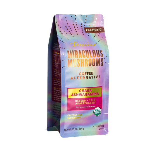 Front view of Teeccino Chaga Ashwagandha Butterscotch Cream Mushroom Herbal Coffee package