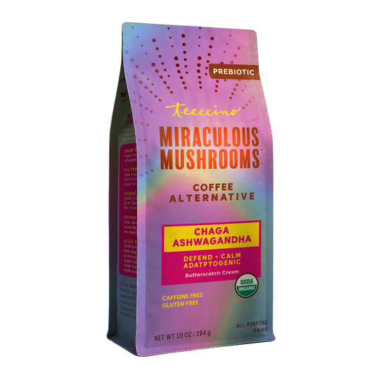 Front view of Teeccino Chaga Ashwagandha Mushroom Herbal Coffee package