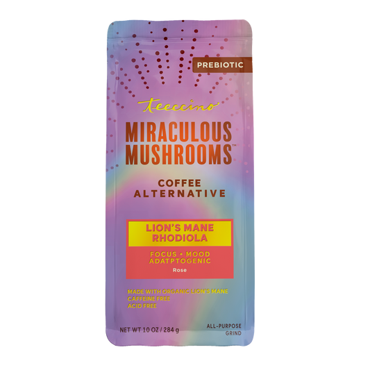 Front view of Teeccino Lion's Mane Rhodiola Mushroom Herbal Coffee package