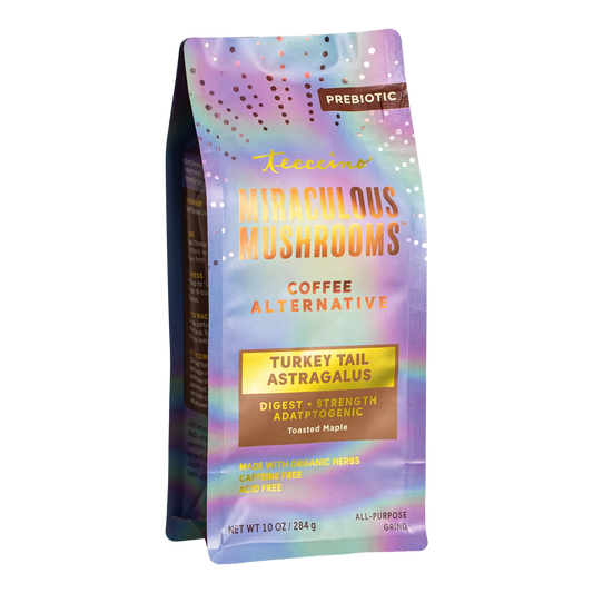 Front view of Teeccino Turkey Tail Astragalus Toasted Maple Mushroom Herbal Coffee package