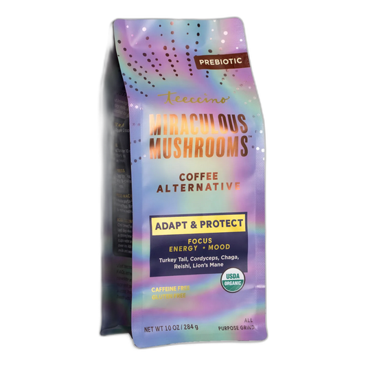 Front view of Teeccino Adapt & Protect Miraculous Mushrooms Herbal Coffee package