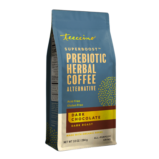Front view of Teeccino Dark Chocolate Prebiotic SuperBoost Herbal Coffee package