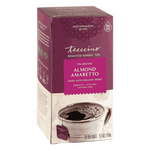 Teeccino Organic Almond Amaretto roasted herbal tea box with cup of brewed chicory herbal coffee, caffeine-free coffee alternative made with organic herbs.
