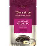 Teeccino Organic Almond Amaretto chicory herbal coffee in a pink and cream resealable bag, caffeine-free coffee alternative made with organic herbs.