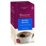 Teeccino Organic Blood Orange roasted herbal tea box shown at an angle with a cup of brewed chicory herbal coffee, caffeine-free coffee alternative made with organic herbs.