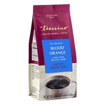 Teeccino Organic Blood Orange chicory herbal coffee in a maroon resealable bag, light roast, caffeine-free coffee alternative made with organic herbs.
