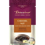 Teeccino Organic Caramel Nut chicory herbal coffee front package, medium roast, caffeine-free coffee alternative made with organic herbs.