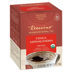 Teeccino Organic Chaga Ashwagandha mushroom herbal tea box with a cup of brewed mushroom herbal coffee, caffeine-free coffee alternative.