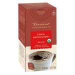 Teeccino Organic Chaga Ashwagandha mushroom herbal tea box shown at a three-quarter angle with a cup of brewed mushroom herbal coffee, caffeine-free coffee alternative.