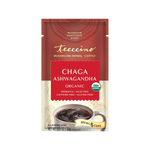 Teeccino Organic Chaga Ashwagandha mushroom herbal coffee in a brown resealable bag, butterscotch cream flavor, medium roast, caffeine-free coffee alternative.