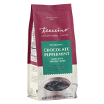 Teeccino Organic Chocolate Peppermint chicory herbal coffee in a maroon resealable bag, light roast, caffeine-free coffee alternative made with organic herbs.