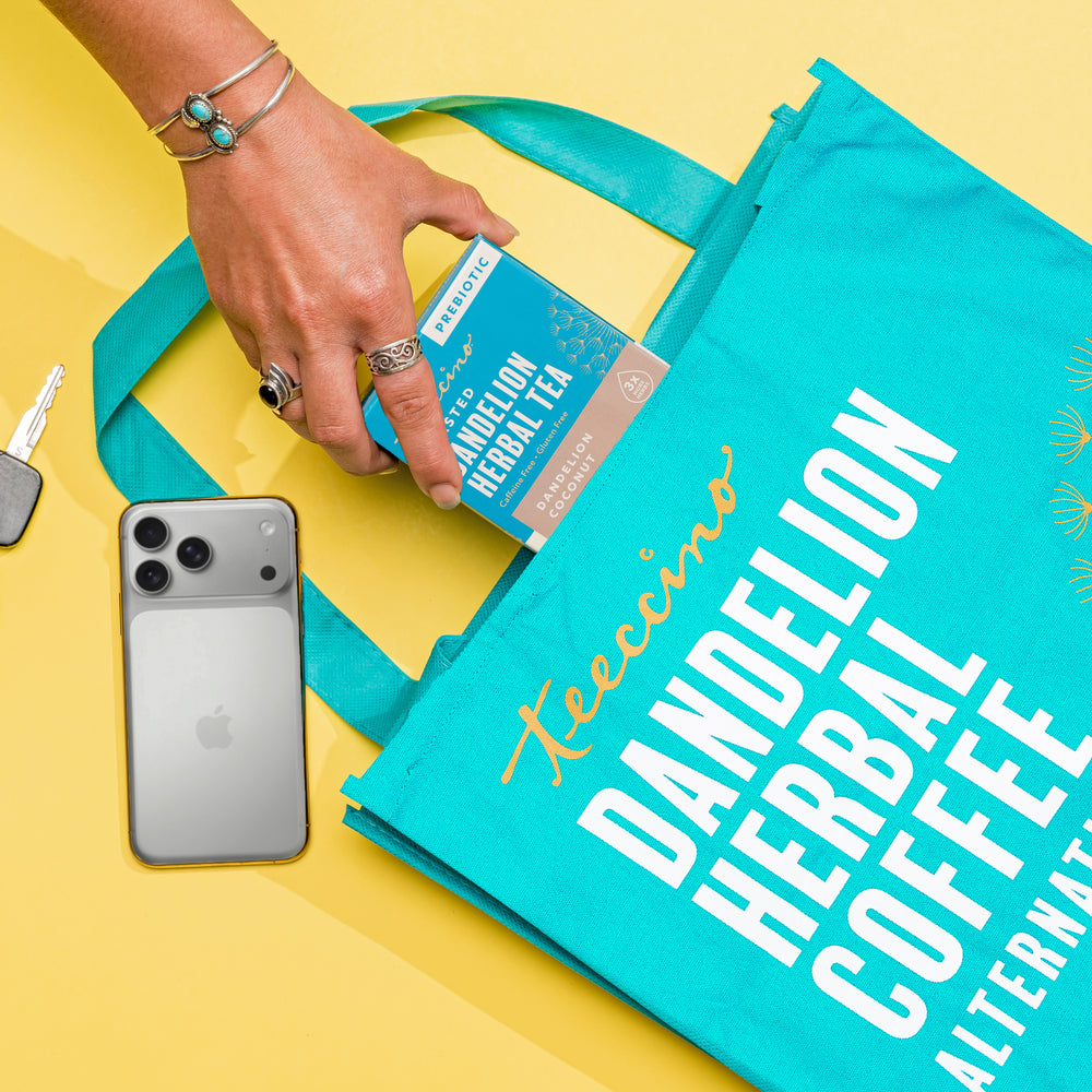 Teeccino Dandelion tote bag lifestyle shot