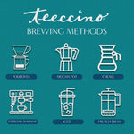 Teecino brewing methods graphic showing illustrated icons for pourover, mocha pot, Chemex, espresso machine, iced, and French press, indicating multiple ways to brew Teeccino herbal coffee alternatives.