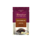 Front view of a Teeccino Gingerbread chicory herbal coffee bag. The packaging features a deep plum upper section with a cream lower panel and a warm brown center label reading “Gingerbread,” made with organic herbs. It is a medium roast and highlights coffee free, acid free, caffeine free, and prebiotic benefits. The bag is shown upright with a cup of brewed coffee illustrated at the bottom.