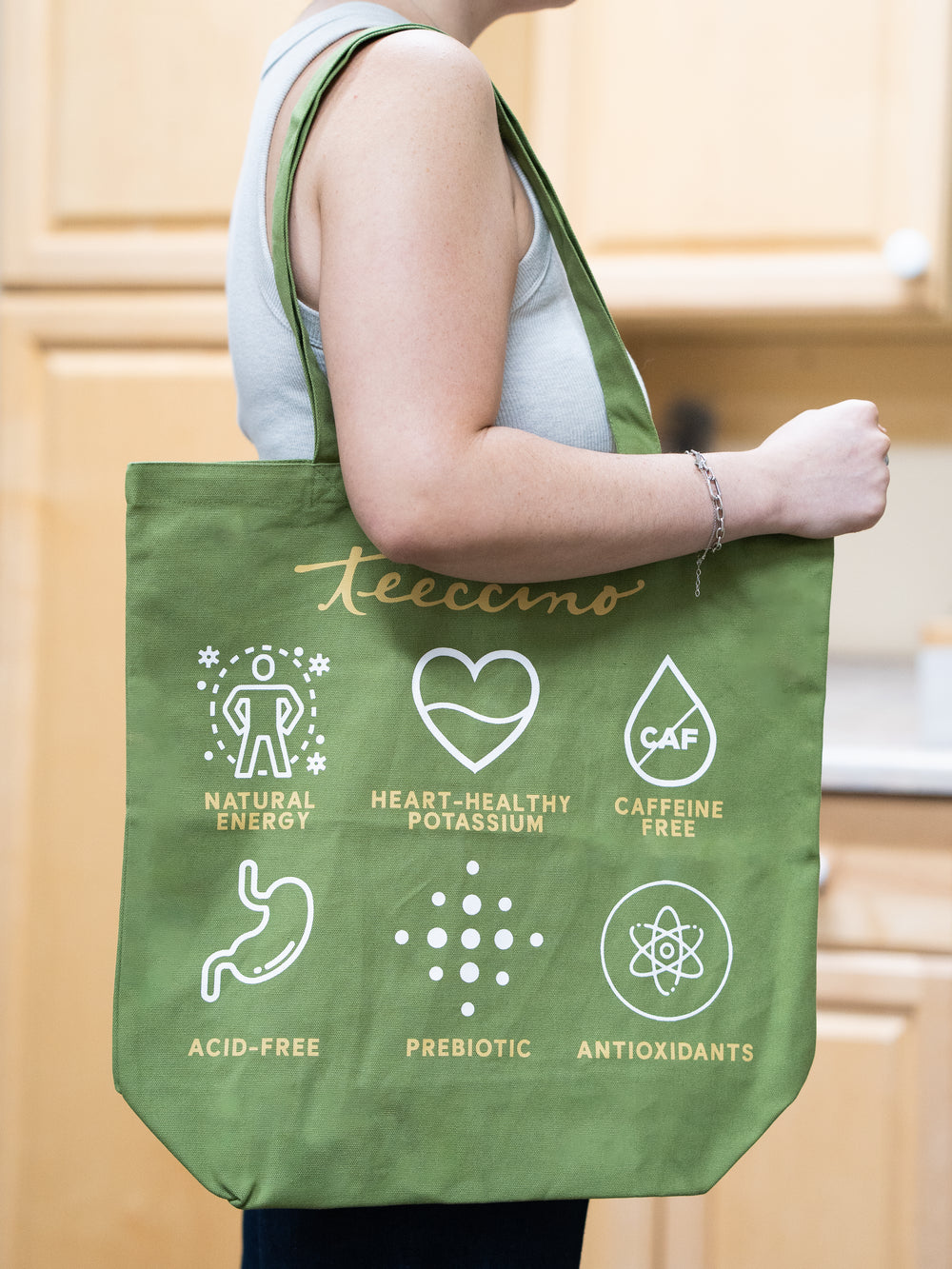 Teeccino Maya tote bag lifestyle, back view