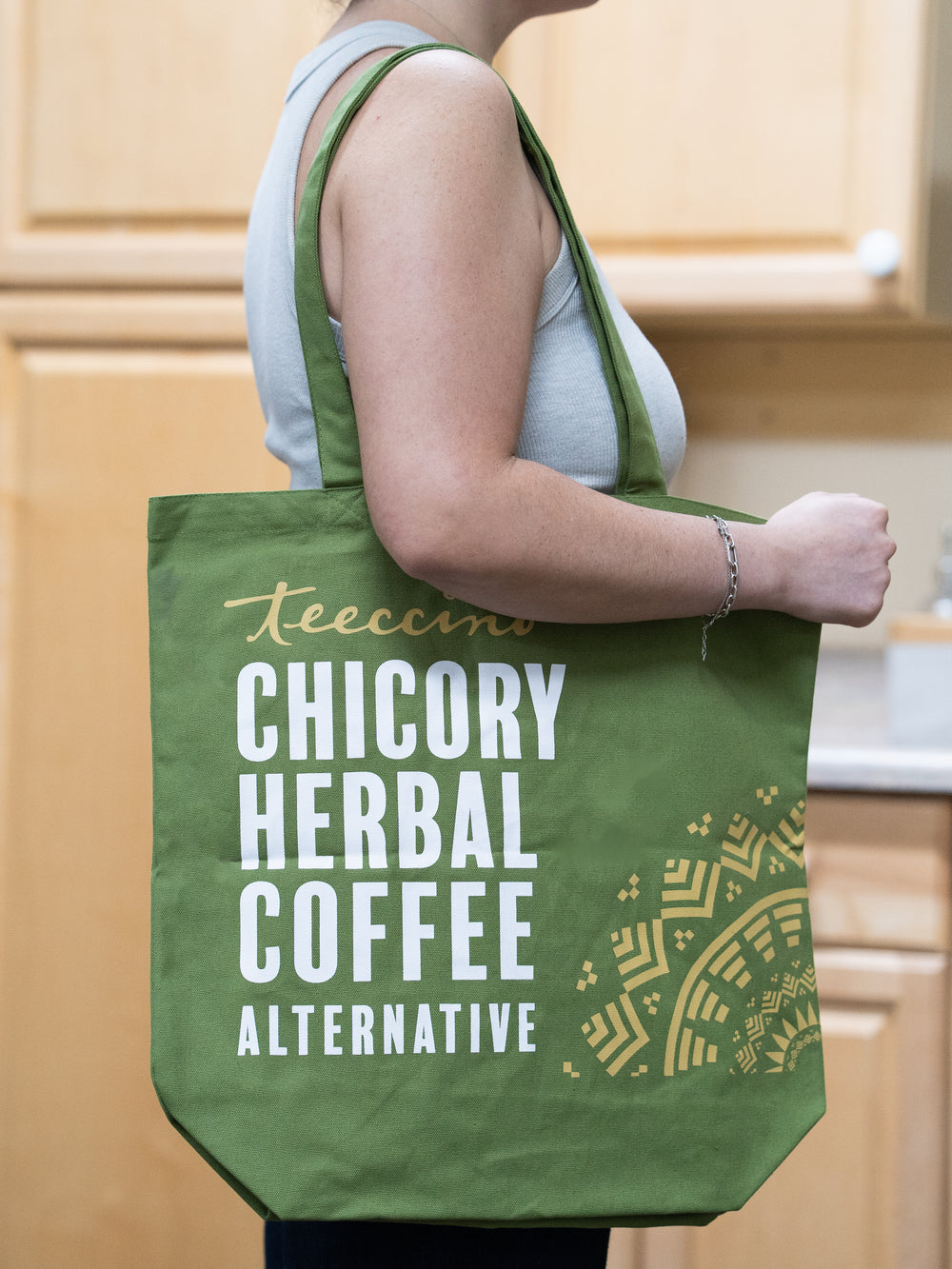 Teeccino Maya tote bag lifestyle, front view