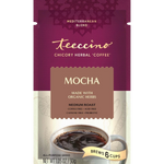 Teeccino Mocha chicory herbal coffee bag from the Mediterranean Blend line. The pouch features a deep plum upper section with a soft beige lower panel and a centered label reading “Mocha,” made with organic herbs. It is a medium roast and highlights coffee free, acid free, caffeine free, and prebiotic benefits.