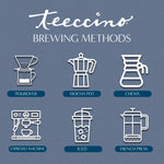 Branded Teecino brewing methods infographic displayed on a textured blue background. The image features the Teecino logo and the heading “Brewing Methods” at the top. Six minimalist white line icons illustrate different preparation styles: pourover, mocha pot, Chemex, espresso machine, iced, and French press. Each brewing method is clearly labeled beneath its icon, visually communicating the versatility and ease of preparing Teecino herbal coffee alternatives at home.