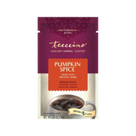Teeccino Pumpkin Spice chicory herbal coffee bag. The glossy dark green package features a centered cream and deep plum label with an orange panel reading “Pumpkin Spice,” made with organic herbs. It is a medium roast and highlights coffee free, acid free, caffeine free, and prebiotic benefits.