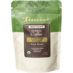 Front-facing product image of Teecino Instant Herbal Coffee French Roast in a resealable pouch on a transparent background. The packaging features a green upper section with gold Teecino branding and a cream lower section with botanical illustrations. A dark brown label highlights Instant Herbal Coffee, French Roast, and Dark Roast. Icons and text note USDA Organic, caffeine free, and prebiotic benefits. The pouch belongs to the Maya Blend and displays a net weight of 3 ounces, or 85 grams, for convenient i