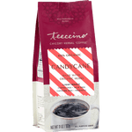 Teeccino Organic Candy Cane chicory herbal coffee in a red resealable bag, light roast, caffeine-free coffee alternative made with organic herbs.