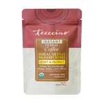 Front-facing pouch of Teecino Instant Herbal Coffee Miraculous Mushrooms shown on a transparent background. The packaging features a warm reddish-brown top with the Teecino logo and a centered gold-accented label. Text highlights the Miraculous Mushrooms blend with Adapt & Protect benefits, including turkey tail, cordyceps, chaga, reishi, and lion’s mane. The product is caffeine free and prebiotic, with a USDA Organic seal on the lower label. The cream-colored bottom section includes subtle botanical illust