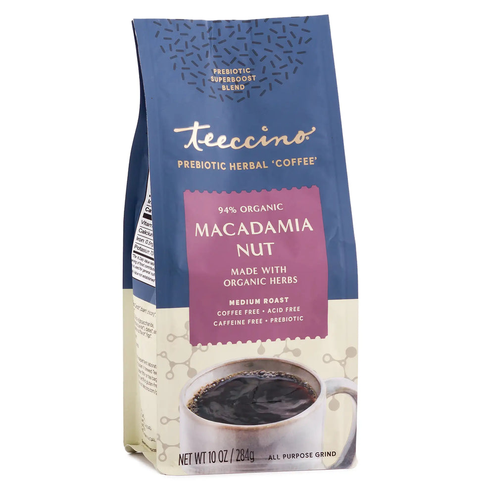 Teeccino Macadamia Nut Prebiotic Herbal Coffee 10oz bag with cup of coffee image.