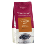 Teeccino Organic Caramel Nut chicory herbal coffee in a maroon resealable bag, medium roast, caffeine-free coffee alternative made with organic herbs.