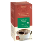 Teeccino Tremella Tulsi mushroom herbal tea box. The tall rectangular box features warm terracotta and cream packaging with a green center label reading “Tremella Tulsi,” organic. It highlights prebiotic, acid-free, caffeine-free, and gluten-free benefits. A cup of brewed tea is shown on the front, and the box indicates 25 tea bags inside.
