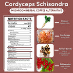 Cordyceps Schisandra mushroom herbal coffee alternative infographic showing nutrition facts, chicory root, cordyceps mushrooms, ramon seeds, and schisandra berries.