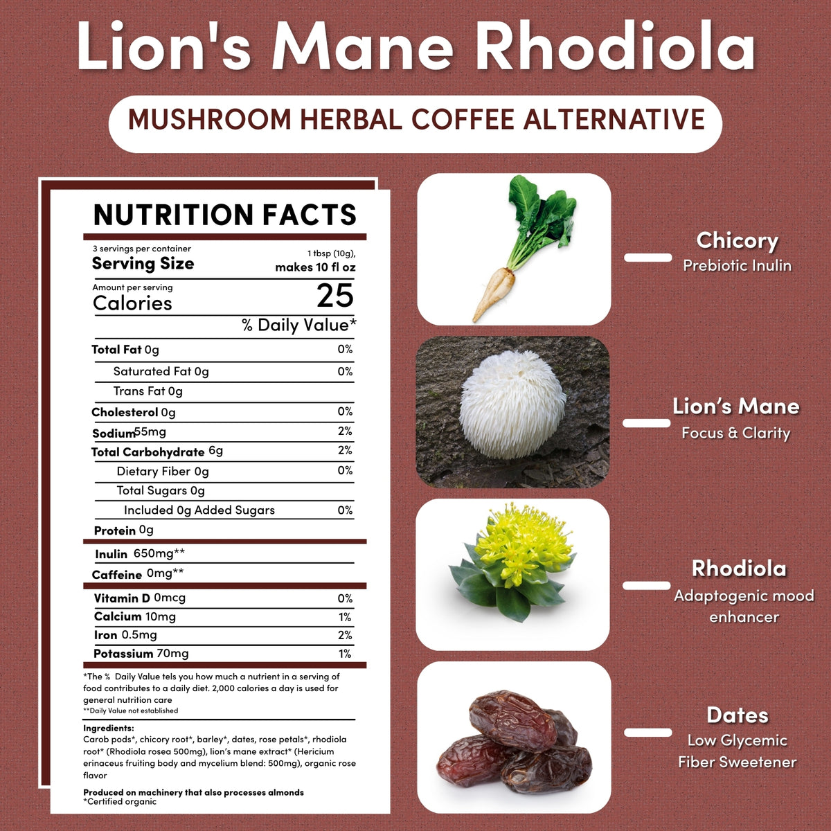 Lion's Mane Rhodiola Rose Mushroom Herbal Coffee
