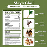 Product infographic for Teecino Maya Chai Maya Herbal Coffee Alternative displayed on a textured green background. A Nutrition Facts panel on the left shows one tablespoon serving size making 10 fluid ounces, 20 calories per serving, zero caffeine, and 650 milligrams of inulin fiber. On the right, ingredient images feature chicory root for prebiotic inulin, carob for natural energy, ramon seeds rich in antioxidants and tryptophan, and warming chai spices including ginger, cinnamon, nutmeg, and allspice, not