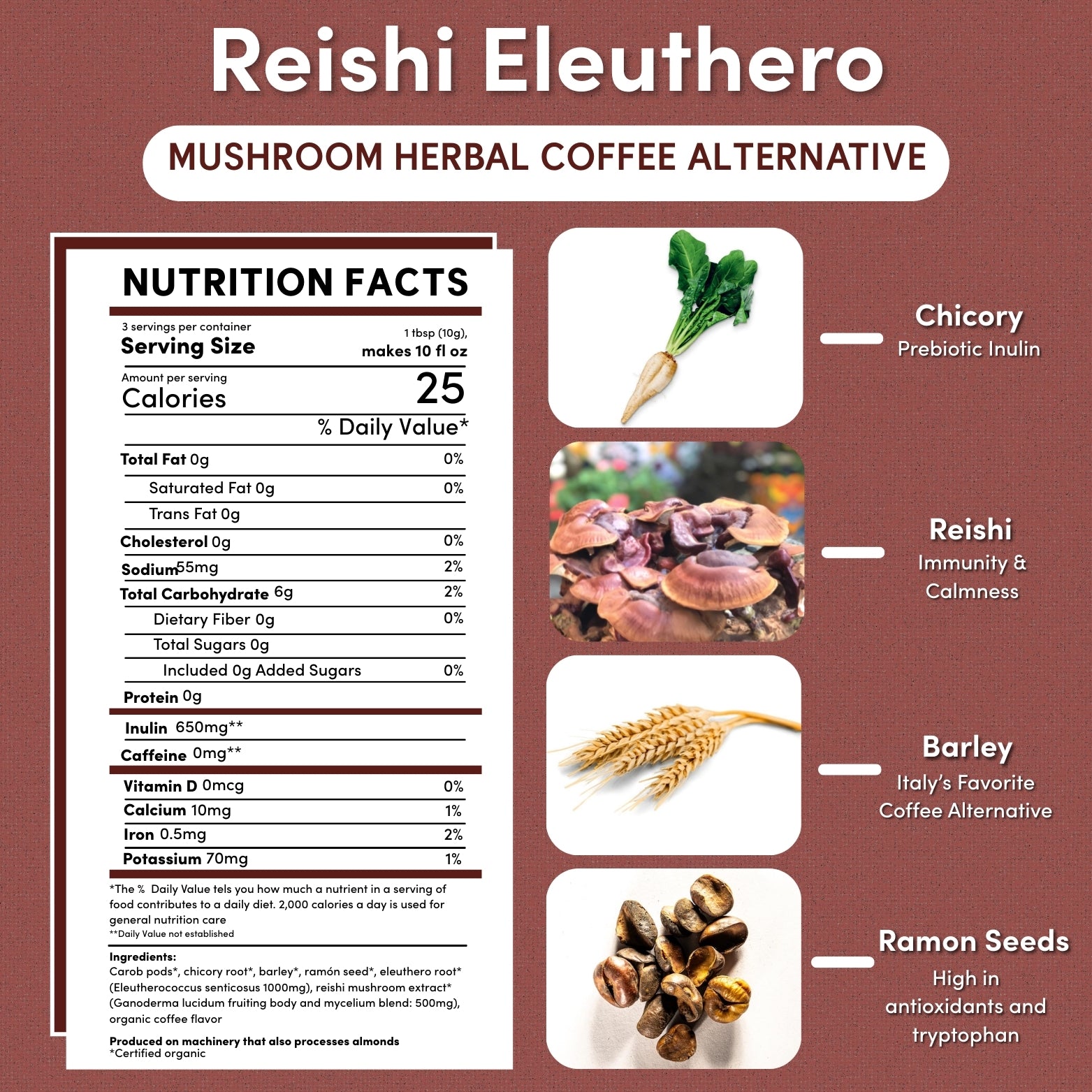 Reishi Eleuthero French Roast Mushroom Herbal Coffee