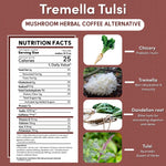 Teeccino Tremella Tulsi mushroom herbal coffee alternative infographic showing nutrition facts and key ingredients including chicory root, tremella mushroom, dandelion root, and tulsi.