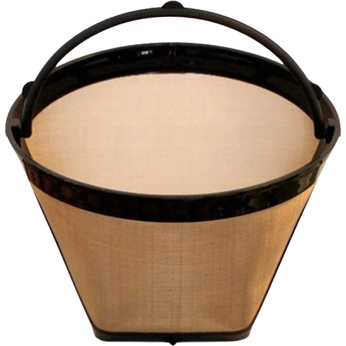 A reusable cone-shaped coffee filter with a beige fabric body and black plastic rim is shown against a transparent background. The filter features a curved black handle attached at the top for easy lifting and placement. Its fine cloth interior is designed for brewing herbal coffee or tea, allowing liquids to pass through while filtering grounds naturally.